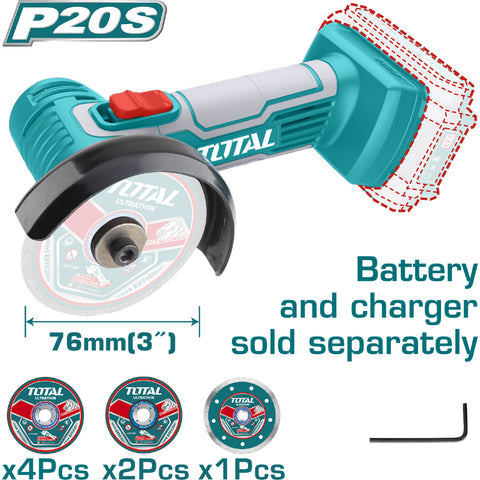 [SKUIMG]TAGLI7601|TAGLI7601_1.jpg|CORTADORA MINI COMPACTA 20V DE 3" VELOC.19500/MIN. DISCO: 76MM. BATER�A Y CARGADOR POR SEPARADO.