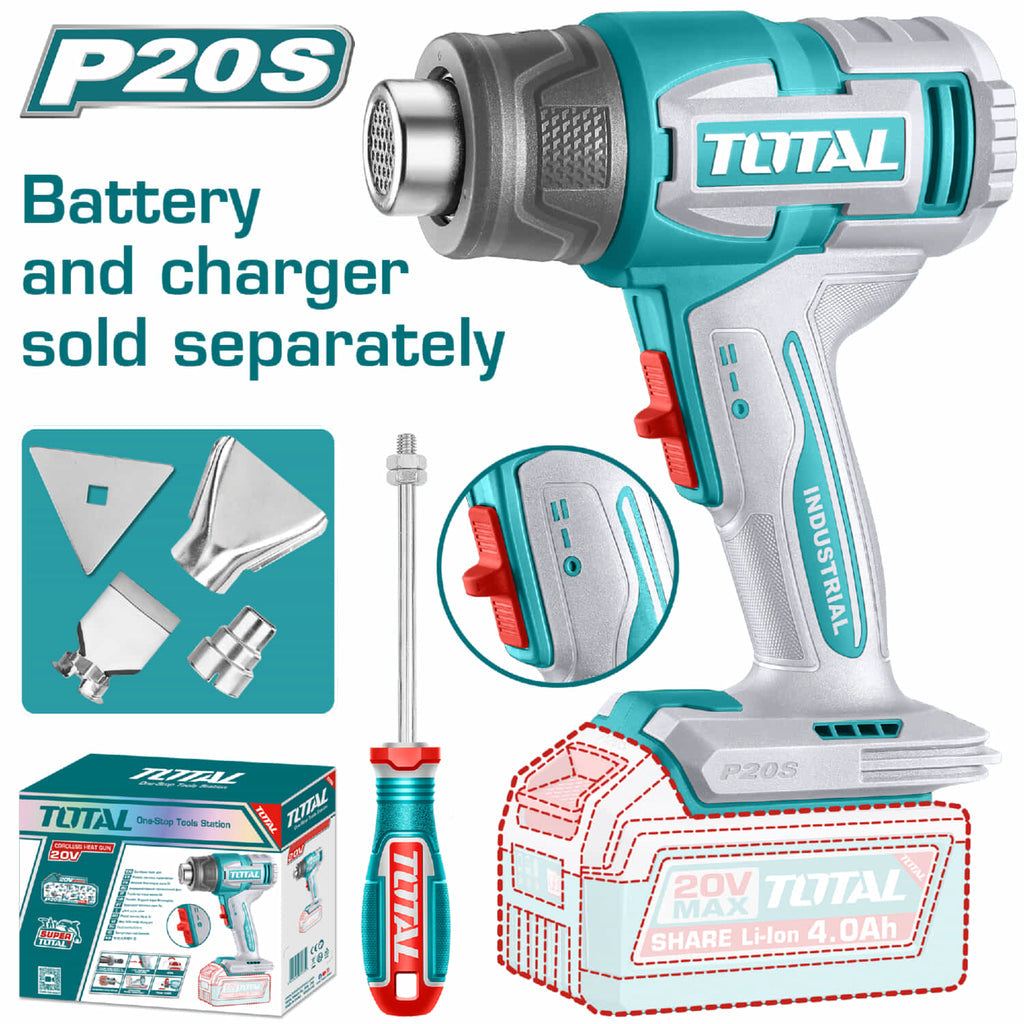 [SKUIMG]TBLI2006|TBLI2006.jpg|PISTOLA DE CALOR INALÁMBRICA. 20V. 300/550°C. BATERÍA Y CARGADOR POR SEPARADO. BLOWER