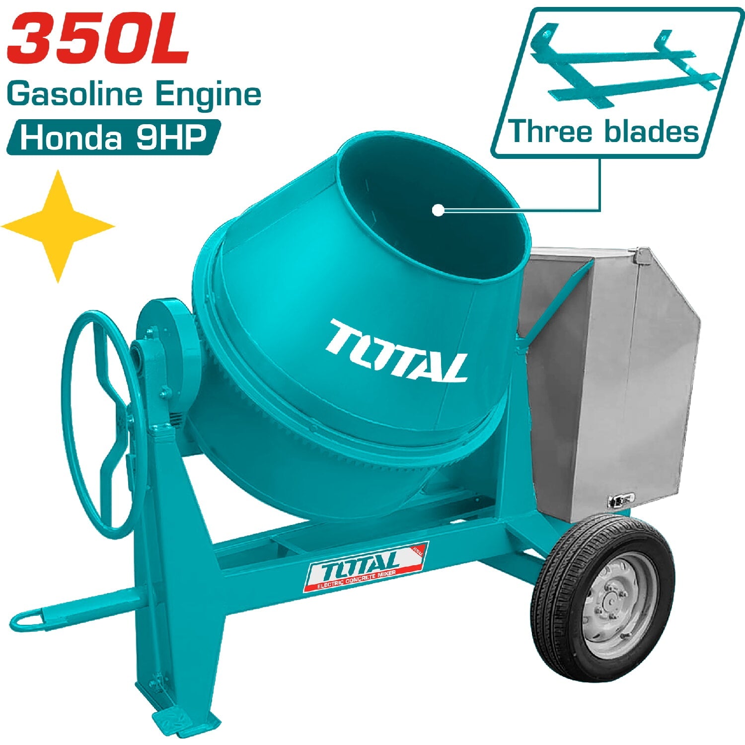 [SKUIMG]TCM350-2|TCM350-2.jpg|MEZCLADOR DE CONCRETO A GASOLINA. MOTOR HONDA GX270 6.6KW(9HP). CAPACIDAD 350L (1 1/2 SACOS ) CONCR