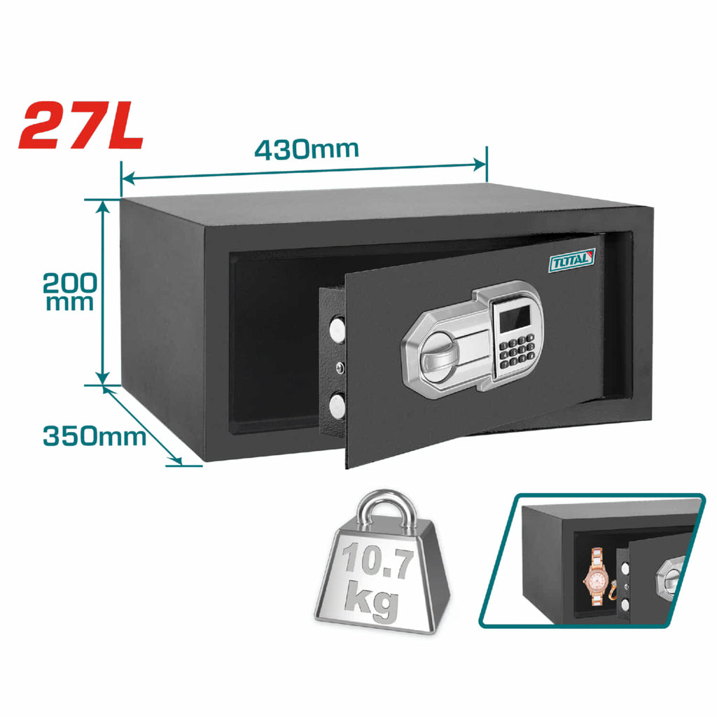 [SKUIMG]TESF3501|TESF3501.jpg|CAJA FUERTE DE SEGURIDAD 27 L. 200 X 430 X 350 MM. REGISTRA 3 A 8 DÍGITOS.