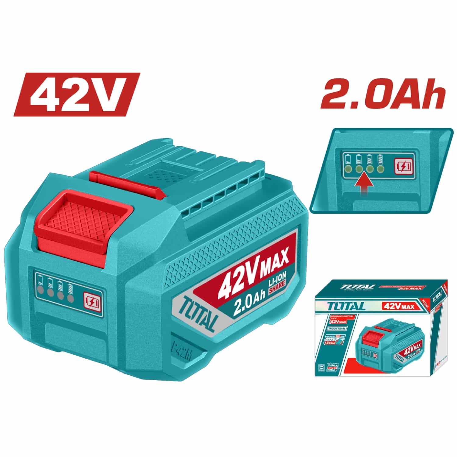 [SKUIMG]TFBLI42201|TFBLI42201.jpg|BATERÍA 42V 2.0 AH LITIO INDICADOR LED DE CARGA. COMPATIBLE CON MÚLTIPLES HERRAMIENTAS TOTAL