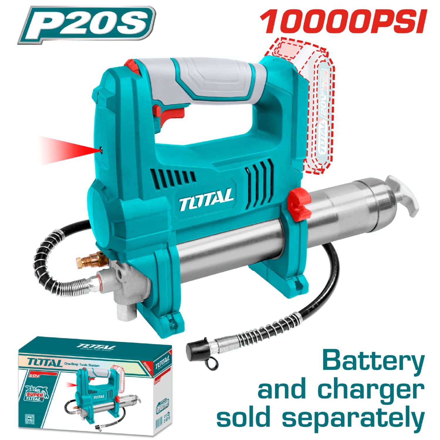 [SKUIMG]TGGLI2010|TGGLI2010.jpg|PISTOLA DE ENGRASE INALÁMBRICA 20V. LONG. 30". CAPACIDAD: 16OZ. BATERÍA Y CARGADOR POR SEPARADO.