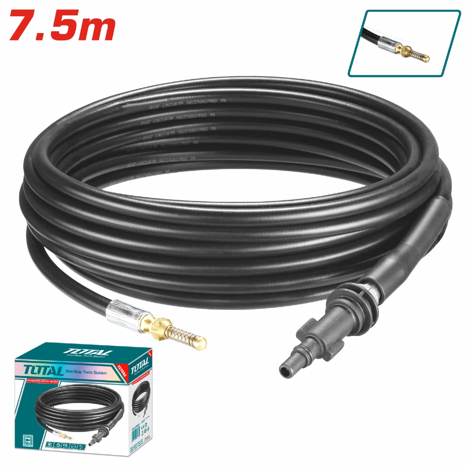 MANGUERA DE ALTA PRESIÓN DE 7.5 M PARA HIDROLAVADORA. MATERIAL PVC. PRESIÓN MÁXIMA: 150BAR (2175PSI)