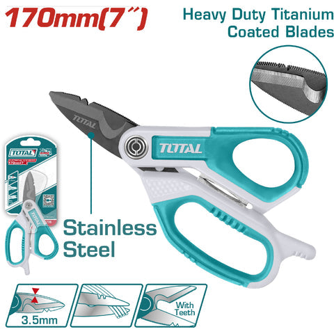 [SKUIMG]THES051708|THES051708_1.jpg|TIJERA DE ELECTRICISTA 7" DE ACERO INOXIDABLE. ANCHO DE LA HOJA: 3.5MM ERGON�MICA. PELACABLES.