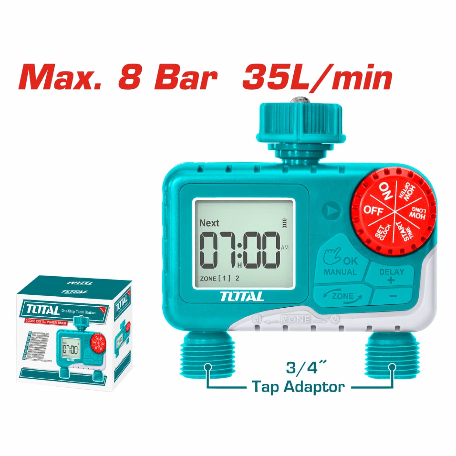 [SKUIMG]THHCQ9206|THHCQ9206.jpg|TEMPORIZADOR DE RIEGO AUTOMÁTICO 2 SALIDAS 3/4" 116PSI. DE BATERÍAS AA