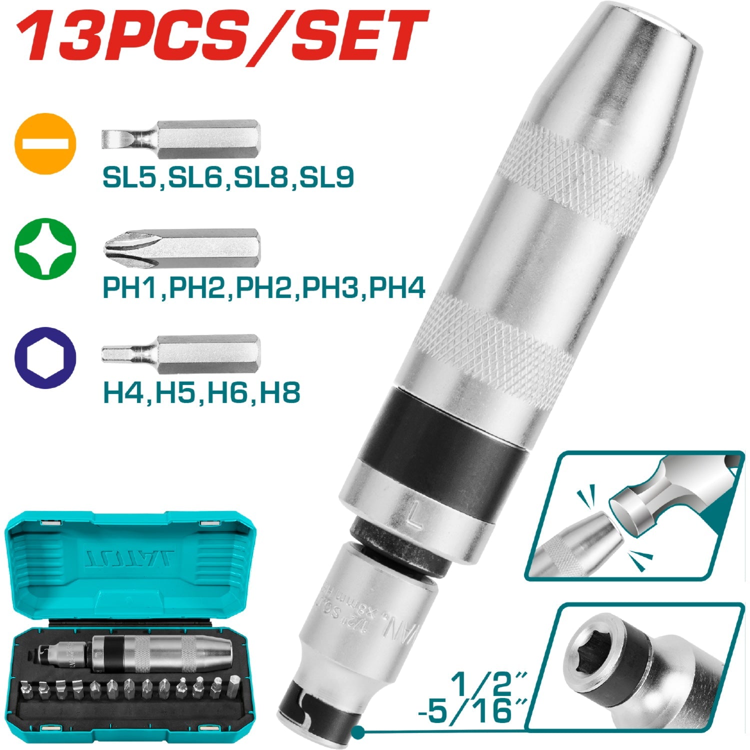 [SKUIMG]THIDS1301|THIDS1301.jpg|DESTORNILLADOR DE GOLPE IMPACTO BOTADOR 13 PCS