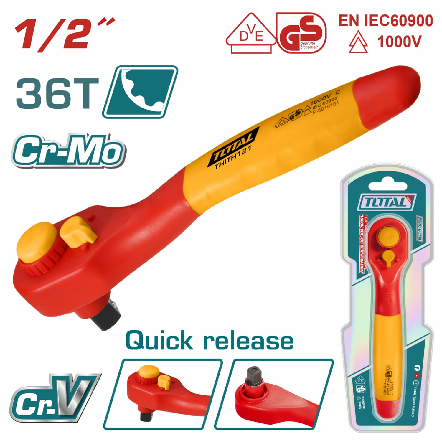 [SKUIMG]THIRTH121|THIRTH121.jpg|RATCHET DE 1/2" 45T 250MM LARGO, AISLADO.EN60900
