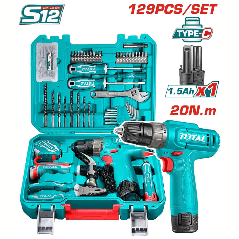 [SKUIMG]THKTHP11292|THKTHP11292-FRONTEND-35rbrVSYPKG4tD-p.png|TALADRO INALÁMBRICO 12V 20NM CARGA USB TIPO C CON SET DE HERRAMIENTAS 129 PIEZAS. INCLUYE BATERÍA Y