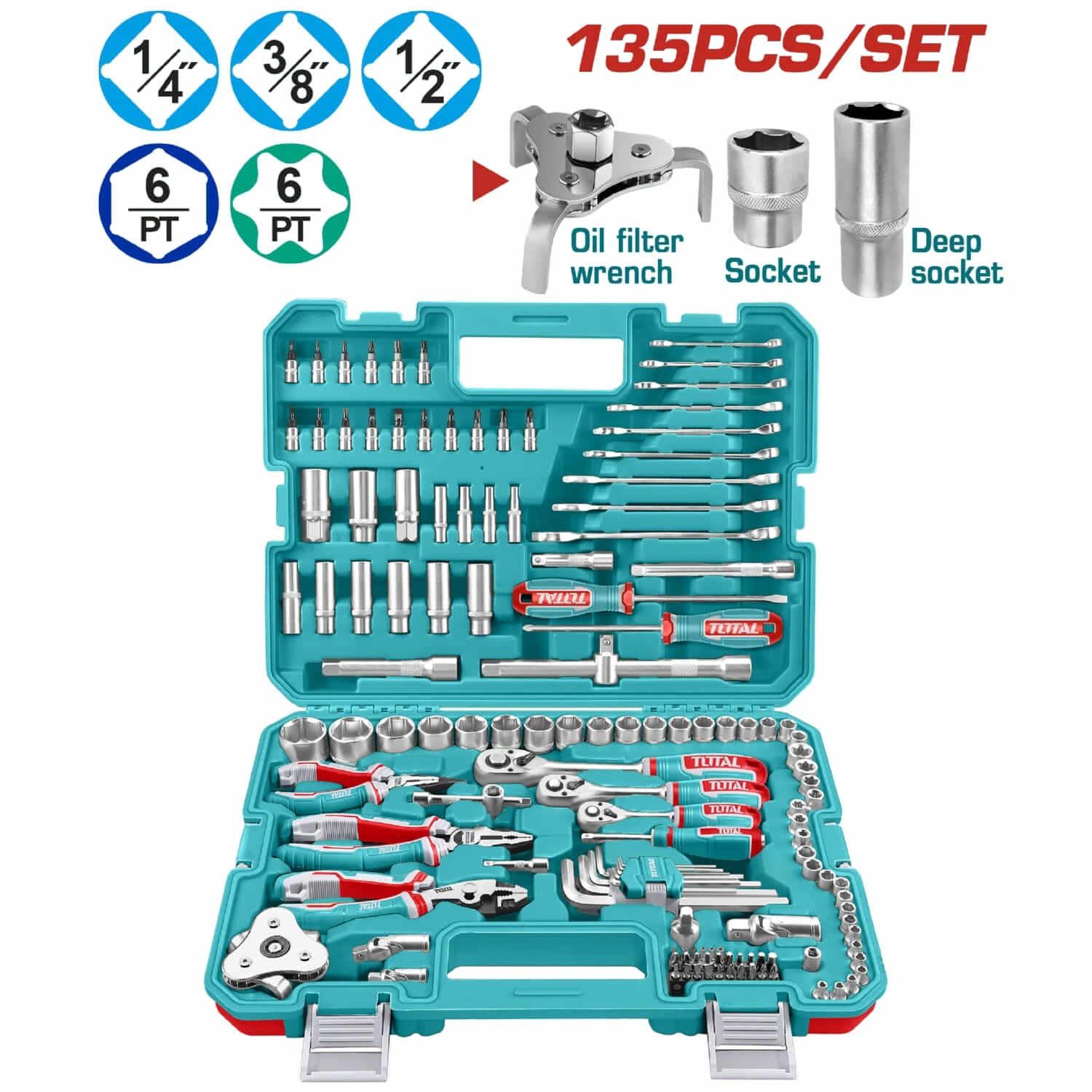 [SKUIMG]THKTHP21356|THKTHP21356.jpg|DADOS SOCKET RATCHET MANGO KIT 1/4", 3/8" Y 1/2". SET 135 PIEZAS VARIADAS. INCLUYE DADOS, BARRAS, AD