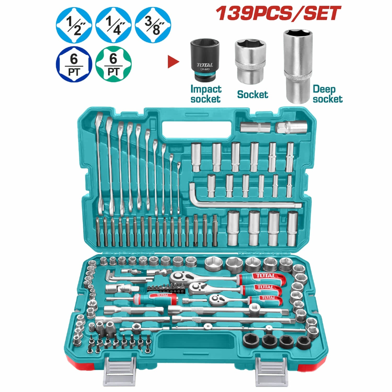 [SKUIMG]THKTHP21396|THKTHP21396.jpg|SOCKETS DADOS 139 PIEZAS VARIADAS EN MALETÍN. (LLAVES, BARRAS, ADAPTADOR, MANGOS) EN JUEGO KIT 1/4",