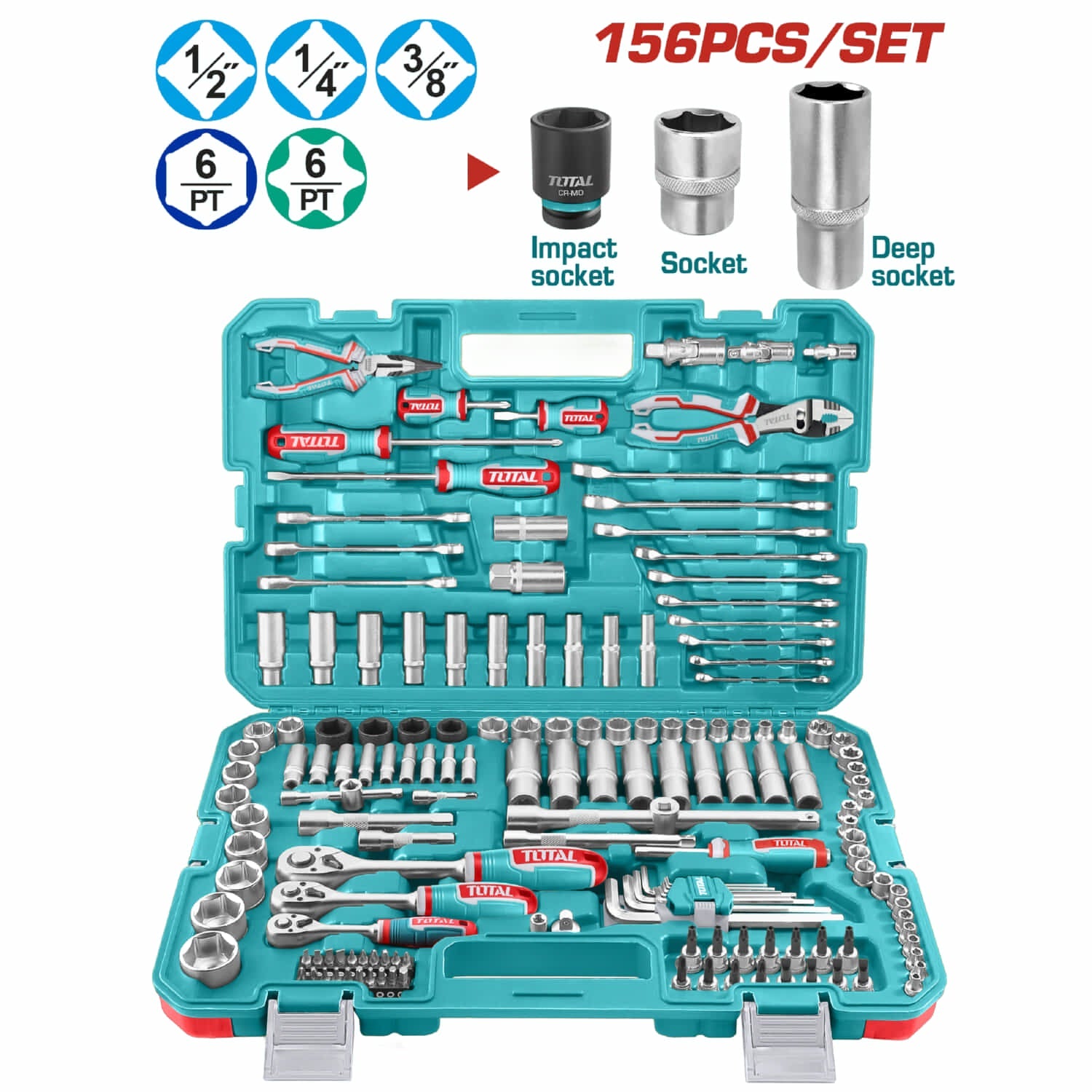 [SKUIMG]THKTHP21566|THKTHP21566.jpg|SOCKETS DADOS 156 PIEZAS VARIADAS EN MALETÍN. (LLAVES, BARRAS, ADAPTADOR, MANGOS) EN JUEGO KIT 1/4",