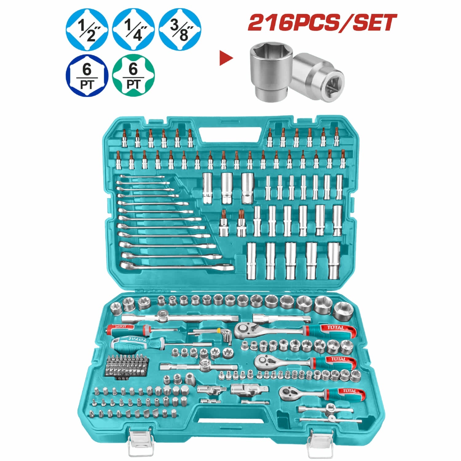 [SKUIMG]THKTHP22166|THKTHP22166.jpg|SOCKETS DADOS RATCHED 216 PIEZAS VARIADAS