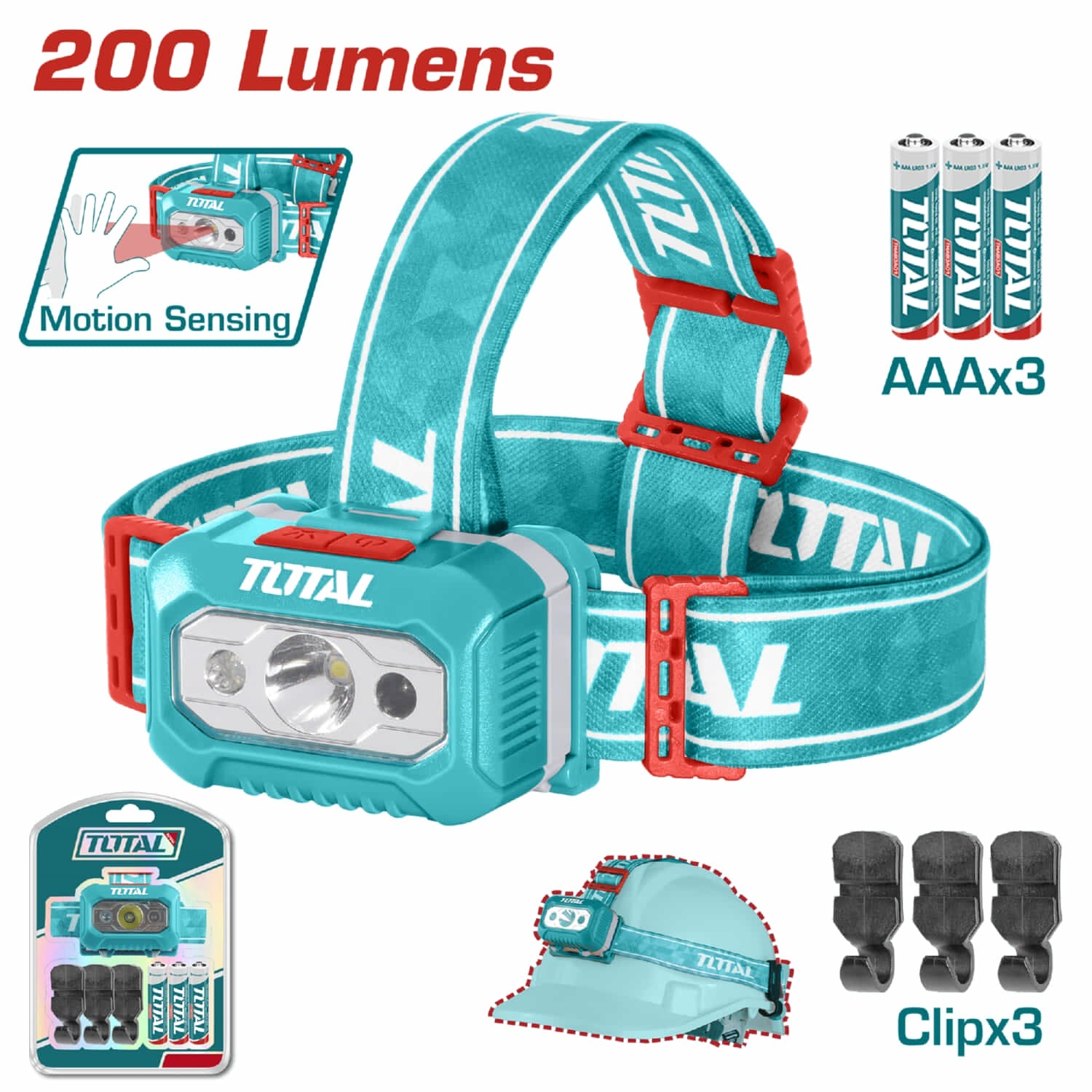 [SKUIMG]THL013AAA6|THL013AAA6.jpg|LAMPARA DE CABEZA MÁX.: 200 LM, BAJO: 100 LM, USA 3 BATERÍAS AAA, L:10HRS DISTANCIA 91M, IPX4