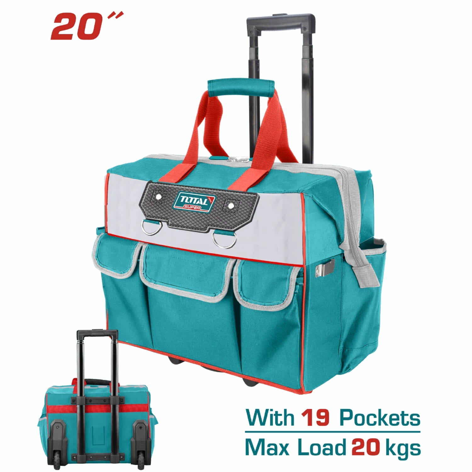 [SKUIMG]THRRTB2012|THRRTB2012.jpg|CAJA DE HERRAMIENTAS BOLSO CON RUEDAS Y ASA PLEGABLE 20" CARGA 20KG. 19 BOLSILLOS