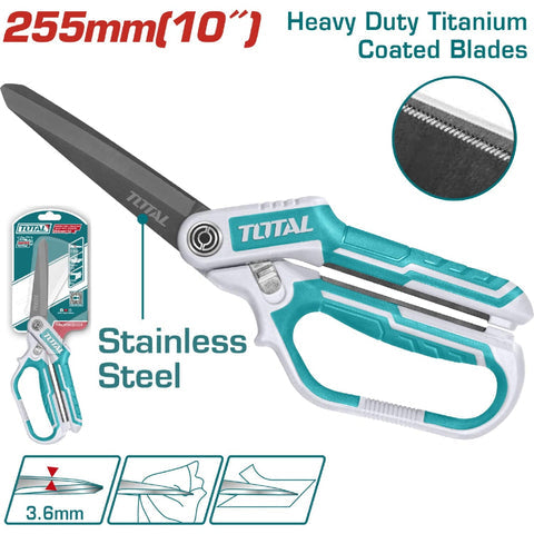 [SKUIMG]THSCRS832558|THSCRS832558_1.jpg|TIJERA DE 10" DE ACERO INOXIDABLE. ANCHO DE LA HOJA: 3.6MM. ERGONOMICA. CORTA PLASTICO Y CARTON.