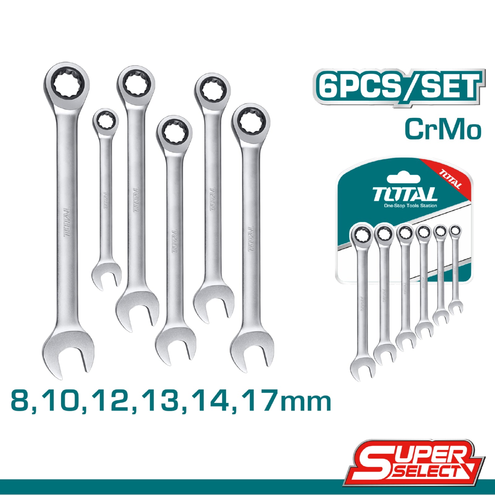 [SKUIMG]THT102RK566|THT102RK566.jpg|LLAVES INGLESAS CON RATCHET SIZE:8-17MM 8MM,10MM,12MM,13MM,14MM,17MM. CR-V. 6 PIEZAS.