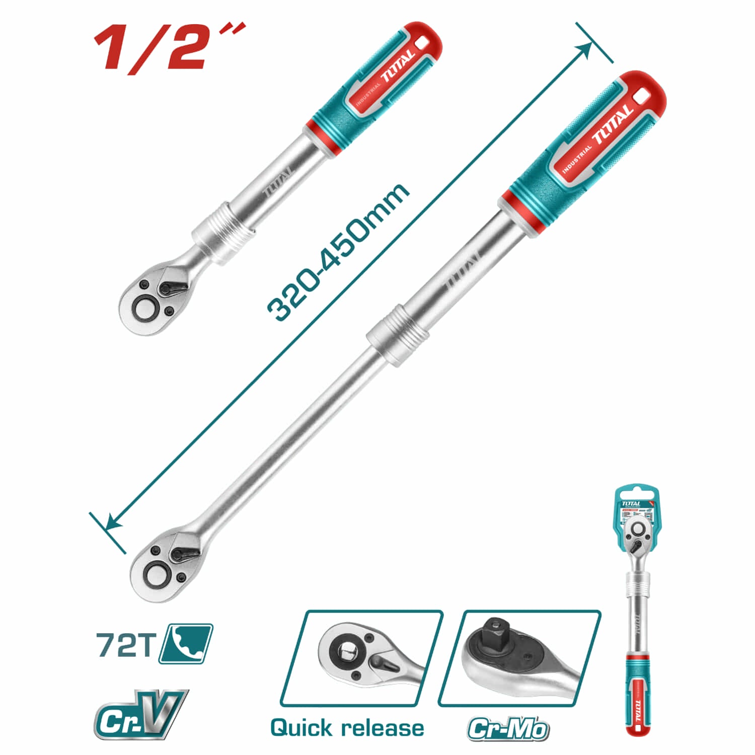 [SKUIMG]THT106128L|THT106128L.jpg|RATCHET TELESCÓPICO (1/2")PULIDO. CRV. 72 DIENTES. LONGITUD 320-450 MM