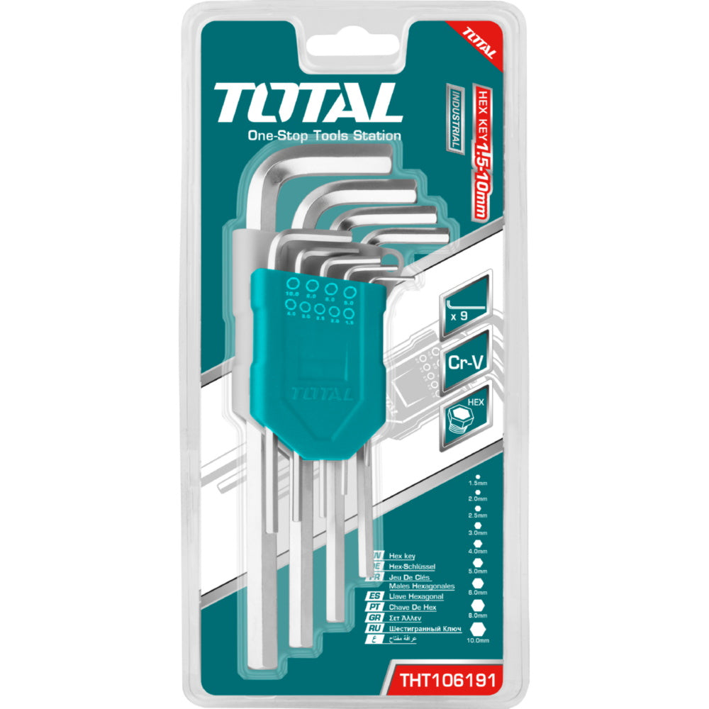 [SKUIMG]THT106191|THT106191_1.jpg|JUEGO DE LLAVES HEXAGONALES DE BRAZO LARGO DE 9 PIEZAS. . MEDIDAS: 1.5-10 MM. MATERIAL: CR-V,
