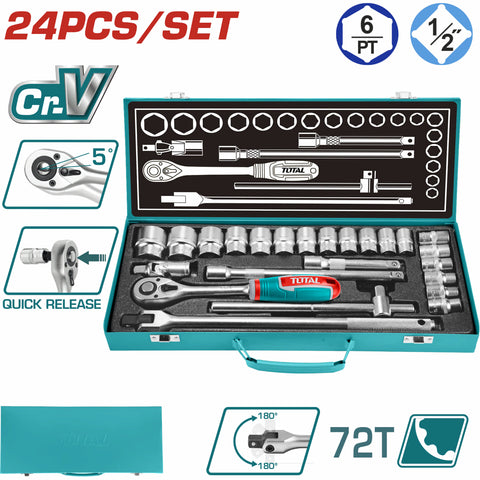 [SKUIMG]THT121242|THT121242.jpg|SOCKET RATCHET 1/2". SET DE 24 PIEZAS. CR-V. INCLUYE: SOCKETS,BARRAS DE EXTENSION, BARRA T. TERMICO.