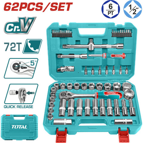 [SKUIMG]THT121602|THT121602_1.jpg|DADOS SOCKET RATCHET MANGO KIT 1/2" CR-V 45T. SET 60 PIEZAS VARIADAS EN JUEGO MALETIN KIT