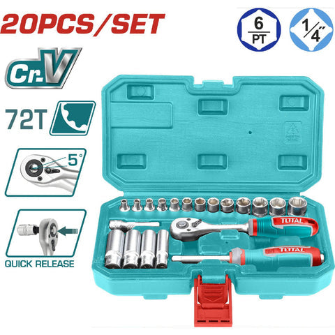 [SKUIMG]THT141201|THT141201_1.jpg|DADOS SOCKET DE 1/4" CON RATCHET CR.V 4-14MM SET DE 20 PIEZAS. TRATAMIENTO TERMICO.