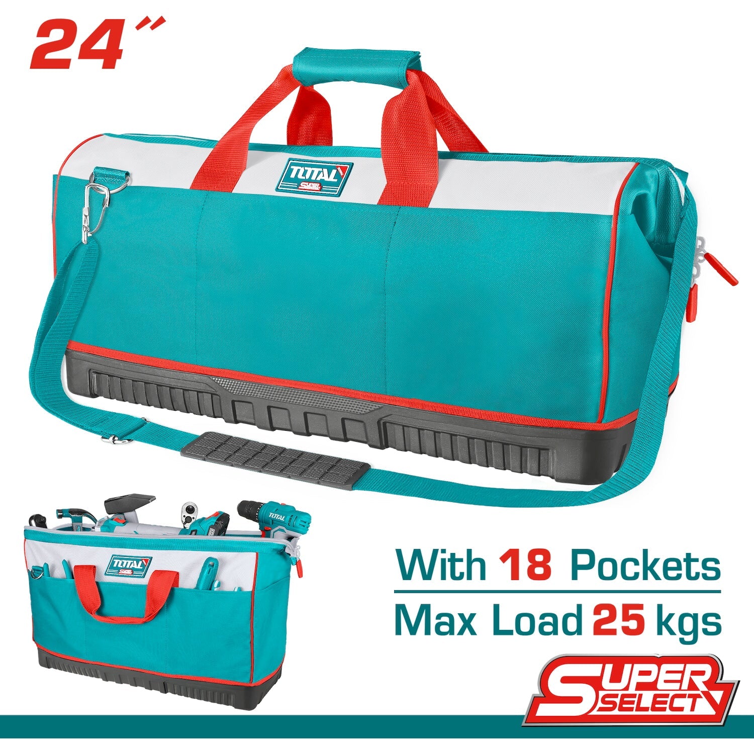 [SKUIMG]THT16242|THT16242.jpg|BOLSA PARA HERRAMIENTAS 24".MULT. BOLSILLOS.REFORZADO CON BASE PLÁSTICA. CORREA DE HOMBRO AJUSTABLE.
