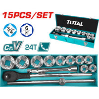 [SKUIMG]THT341151|THT341151.jpg|JUEGO DE DADOS SOCKET DE 3/4" DR. DE 15 PIEZAS. CR-V (50 BV 0). CROMADO DE TRATAMIENTO TERMICO.