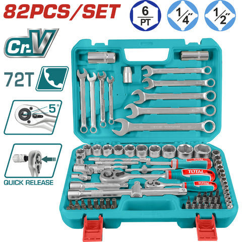 [SKUIMG]THT421802|DADOS SOCKET RATCHET MANGO KIT 1/4" Y 1/2" CR-V 45T. SET 82 PIEZAS VARIADAS.