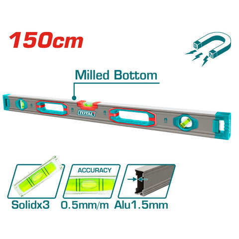 [SKUIMG]TMT215028M|TMT215028M.jpg|NIVEL DE BURBUJA CON MAGNETOS DE 150 CM DOBLE CARA FRESADA. NIVEL DE PRECISION 0.5MM GROSOR 1.5MM IM