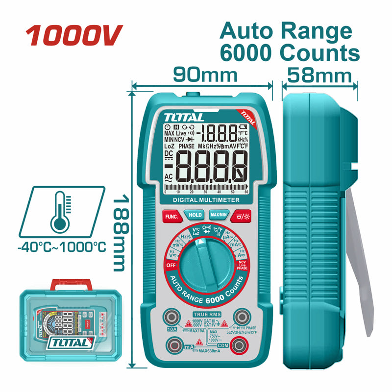 [SKUIMG]TMT5310004|TMT5310004.jpg|MULTÍMETRO DIGITAL RANGO AUTOMÁTICO DE 6000 CONTEOS. CON RETENCIÓN DE DATOS. RESISTENCIA 600O. DETEC