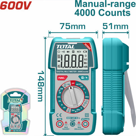 [SKUIMG]TMT536002|MULTIMETRO DIGITAL RANGO MANUAL DE 4000 CONTEOS. CON RETENCION DE DATOS. RESISTENCIA 400. AC/DC 600V