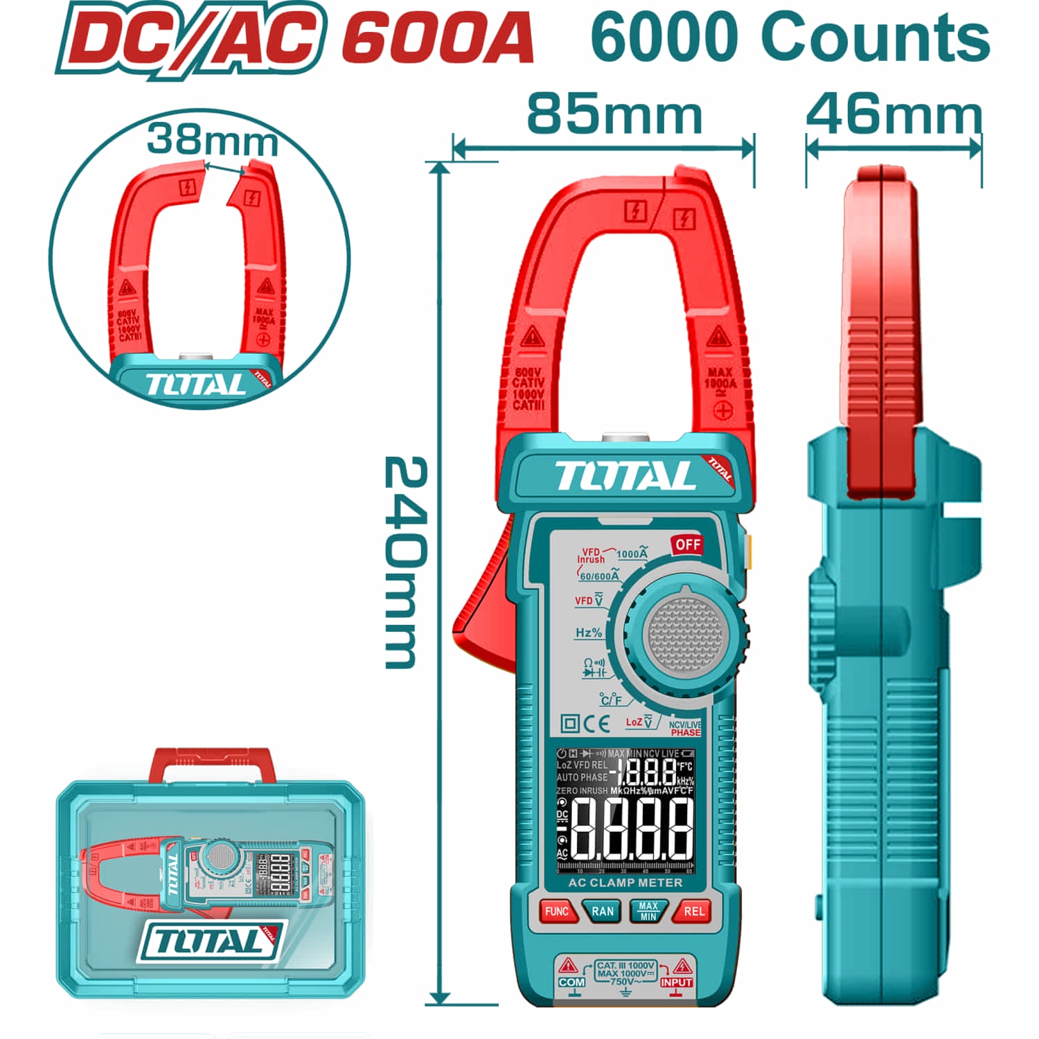 [SKUIMG]TMT766002|TMT766002.jpg|MEDIDOR DE ABRAZADERA DIGITAL AC/DC 600A, PINZA AMPERIMÉTRICA PANTALLA DE 6000 DÍGITOS. FILTRO DE PA