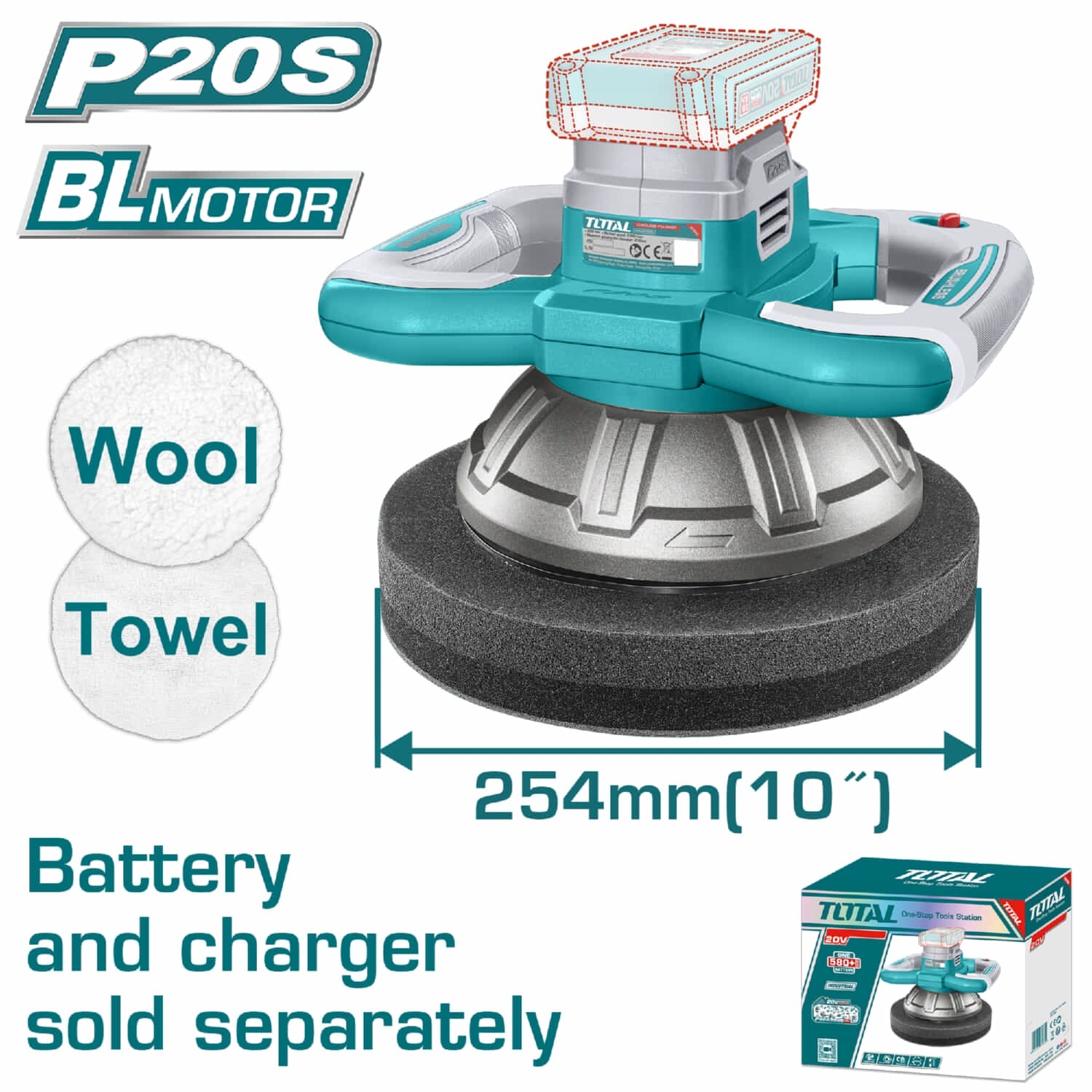 [CARBONE]TOPLI202548|PULIDORA ORBITAL DE 254 MM. 20V 2500 RPM INALÁMBRICA PARA CARRO NO INCLUYE BATERÍA NI CARGADOR
