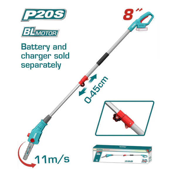 [SKUIMG]TPSLI2028|TPSLI2028-FRONTEND-6WFAukRJmEXAaI3x.png|SIERRA DE PODAR TELESCÓPICA INALÁMBRICA 20V. MOTOR SIN ESCOBILLAS. BARRA DE 8". ALCANCE DE 2 M. NO I