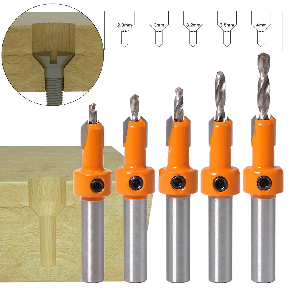 [CARBONE]TS120|JUEGO DE 5 BROCAS HSS DE AVELLANADO PARA CARPINTERÍA DE VÁSTAGO DE 8MM.