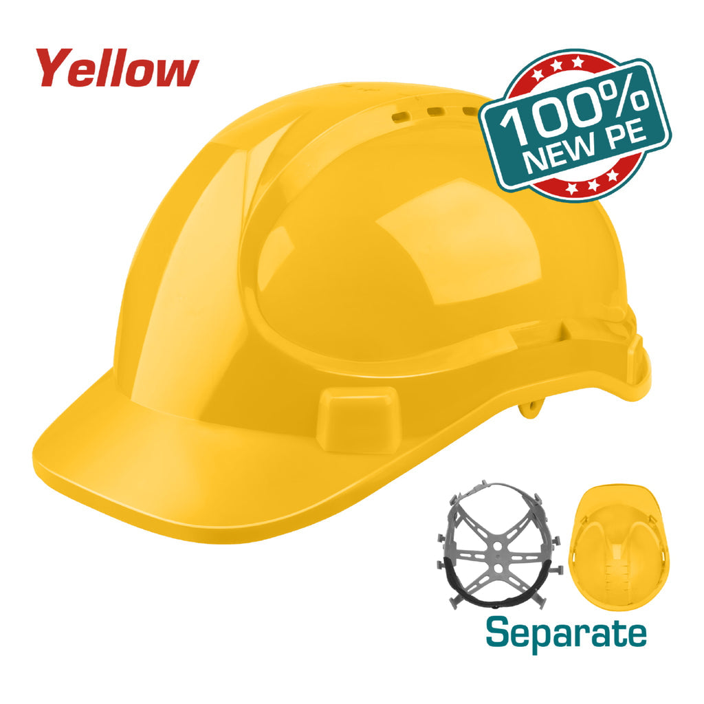[SKUIMG]TSP2612|TSP2612.jpg|CASCO DE SEGURIDAD COLOR AMARILLO. 8 PUNTOS DE SUSPENSION. AJUSTABLE. CARCASA DE PE CON RESPIRADEROS