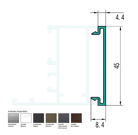 TAPA PLANA REMATE PERIMETRAL PARA MARCO 45 MM EUROPA LARGO 5.85 MTS. ACABADO ANODIZADO NEGRO 15 MICR