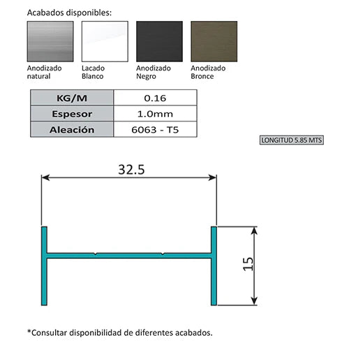 [SKUIMG]U132-SILVER|U132-SILVER-FRONTEND-wadR4p34fIJ2G_0J.png|MARCO H PARA LOUVER Z DE32.5X15MM. ESPESOR 1.0 MM. LARGO 5.85 MTS. ACABADO ANODIZADO SILVER 15 MICRO