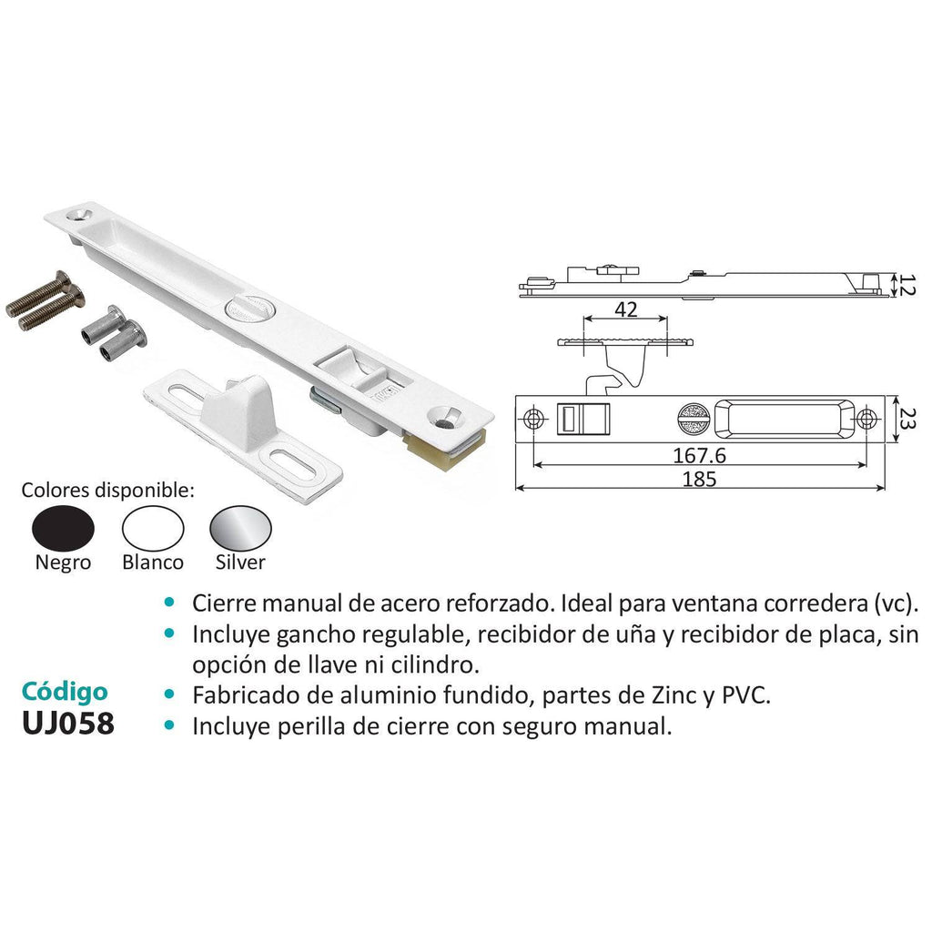 [SKUIMG]UJ058-WHITE|CIERRE EMBUTIDO MANUAL PARA VENTANA Y PUERTA CORREDERA.