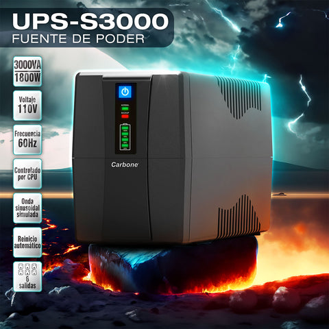 [SKUIMG]UPS-S3000|UPS-S3000.jpg|UPS FUENTE DE PODER 3000VA 1800W PROTECTOR DE VOLTAJE Y BATERIA DE RESPALDO