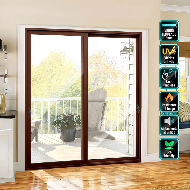 [SKUIMG]UPVC030-VB2022|UPVC030-VB2022-FRONTEND-QfXkX18kbGzx4i4G.png|PUERTA VENTANA CORREDERA UPVC MARRÓN 200X220CM REFORZADA ANTI UV CON VIDRIO DE SEGURIDAD TEMPLADO 5M