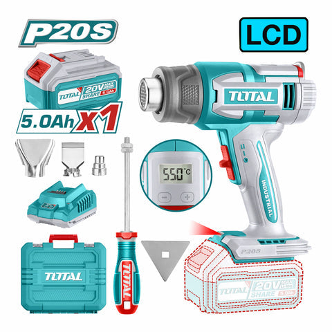 [SKUIMG]UTBLI20035|UTBLI20035.jpg|PISTOLA DE CALOR INALAMBRICA. 20V. TEMPERATURA 30-300C/30-550C. PANTALLA LCD. INCLUYE BATERIA Y CARG