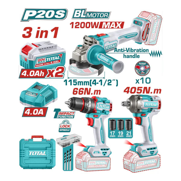 [SKUIMG]UTCKLI20358|UTCKLI20358-FRONTEND-NAyeV54E42Ue4Fcn.png|COMBO DEL MES TOTAL INALÁMBRICO. ESMERILADORA ANGULAR 1000W 4-1/2". TALADRO PERCUTOR 66NM. LLAVE DE