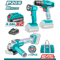 [SKUIMG]UTCKLI2048|UTCKLI2048.jpg|COMBO TOTAL 20V DRILL, FLEXIBLE Y LAMPARA (GRATIS 2 BATERÍAS 4AH+CARGADOR+BOLSO+10 DISCOS)