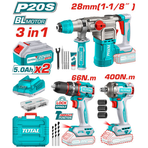 [SKUIMG]UTCKLI20638|UTCKLI20638.jpg|COMBO DEL MES TOTAL 20V MARTILLO 930 RPM. LLAVE DE IMPACTO 1/2" 550NM TALADRO DE IMPACTO 66NM. INCLU