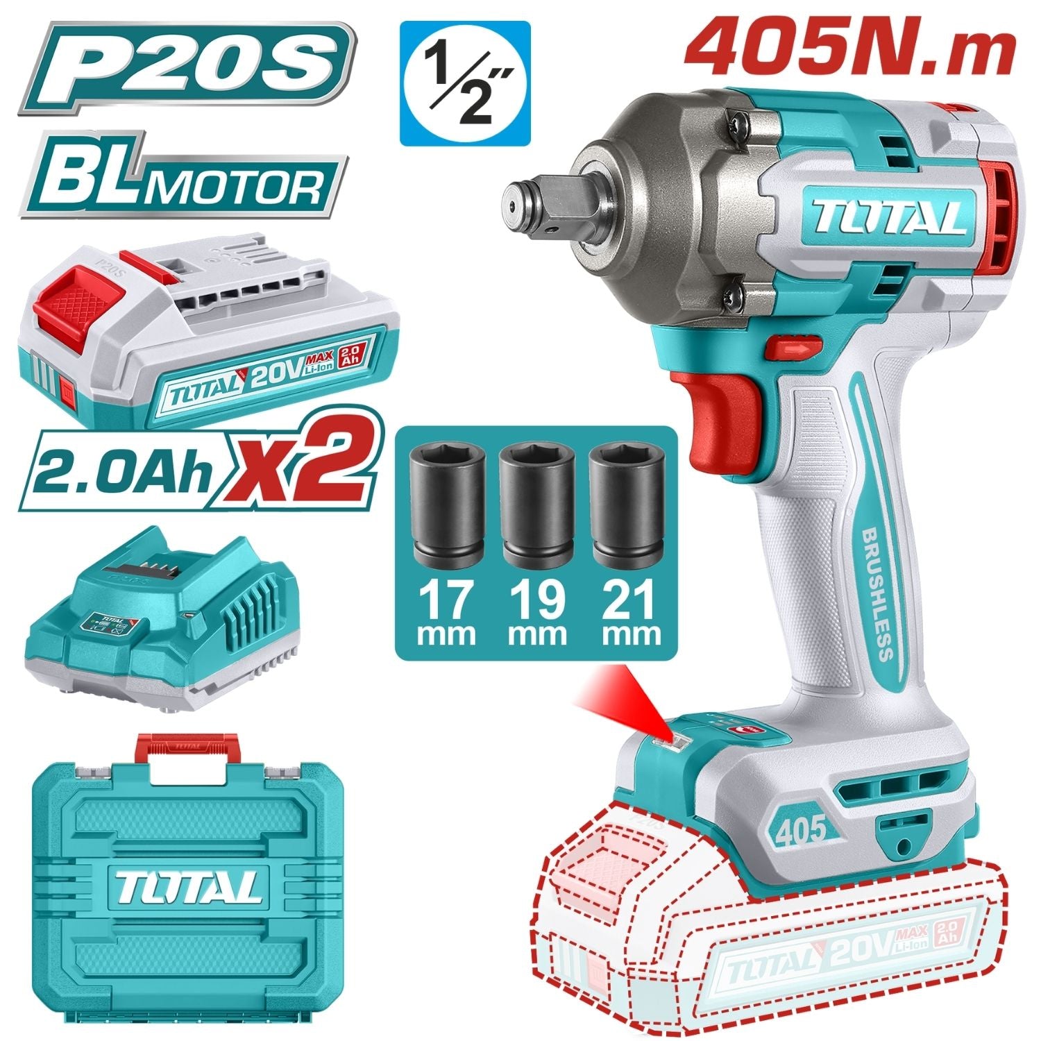 [SKUIMG]UTIWLI2045|UTIWLI2045.jpg|Llave De Impacto Dado Cuadrado 1/2" 20V 405Nm. Incluye 2 Baterías Y 1 Cargador.