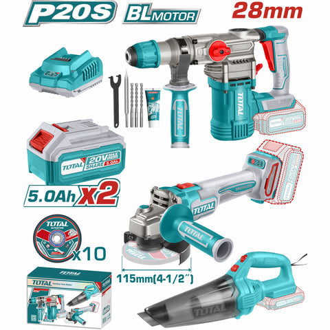 [SKUIMG]UTOSLI240785|UTOSLI240785.jpg|COMBO DEL MES TOTAL 20V ROTOMARTILLO 4400 BPM 4.5 J. ESMERILADORA ANGULAR 9000 RPM DIAMETRO 4-1/2''