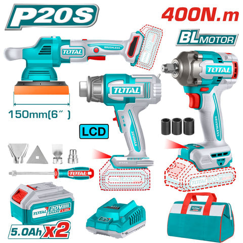 [SKUIMG]UTOSLI240863|UTOSLI240863.jpg|COMBO TOTAL LLAVE DE IMPACTO 400NM 1/2. PULIDORA INALAMBRICA 4500RPM, 150MM. PISTOLA DE CALOR 550oC,