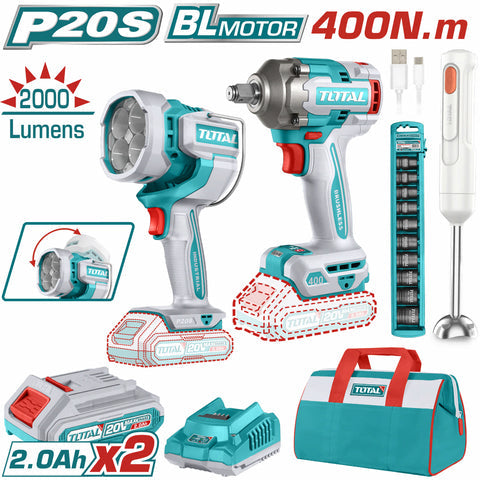 [SKUIMG]UTOSLI240961|UTOSLI240961.jpg|COMBO DEL MES TOTAL 20V LLAVE DE IMPACTO 1/2 400NM SIN ESCOBILLAS. LAMPARA DE TRABAJO 20V LED 24W. L