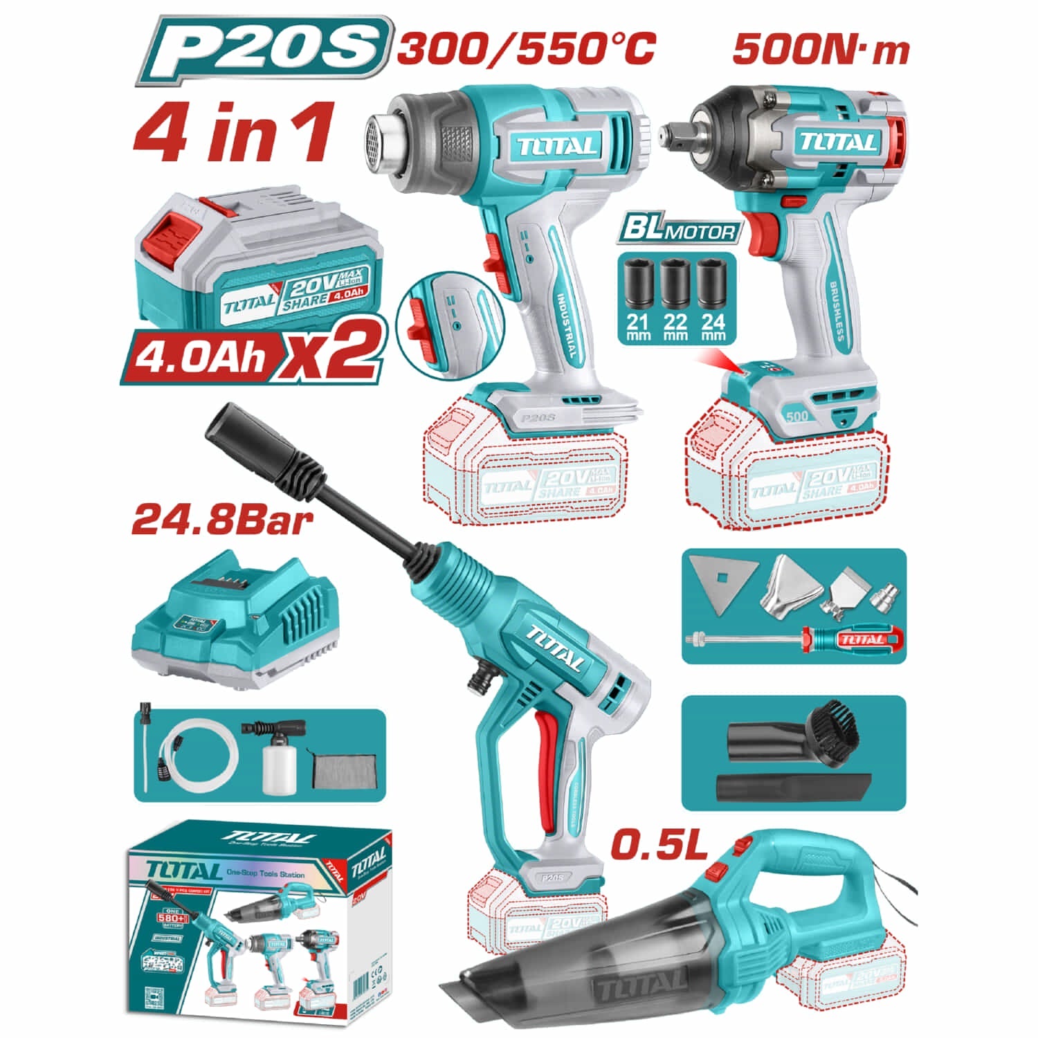 [CARBONE]UTOSLI250208|SUPER COMBO TOTAL 20V PISTOLA DE CALOR 30-550��C ASPIRADORA 0.5�L >=9 KPA HIDROLAVADORA 24.8 BAR LLA